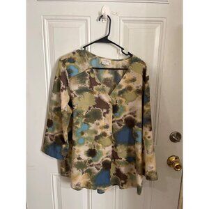 Van Heusen 3/4 sleeved green blue brown v-neck blouse size XL